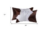 Set of Two 12" X 20" Brown and White Genuine Cowhide Throw Pillows