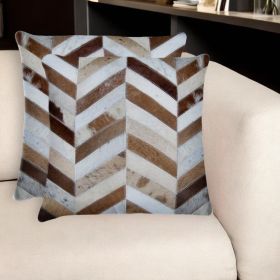 Set of Two Natural and Brown Chevron Cowhide Throw Pillows