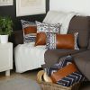 Set of Two 17" Black White And Brown Geometric Faux Leather And Fabric Throw Pillow Covers