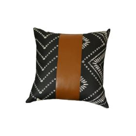 Set of Two 17" Black White And Brown Geometric Faux Leather And Fabric Throw Pillow Covers