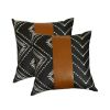 Set of Two 17" Black White And Brown Geometric Faux Leather And Fabric Throw Pillow Covers