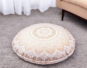 32" X 32" Gold And White Round Geometric Cotton Floor Throw Pillow Cover