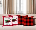 Set of Four Red Black and White Farm Fresh Christmas Tree Holiday Red Truck Plaid Fabric Throw Pillows