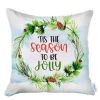 Set of Four Green Red and White Merry Christmas Tis the Season Christmas Wreath Fabric Throw Pillows