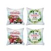 Set of Four Green Red and White Merry Christmas Tis the Season Christmas Wreath Fabric Throw Pillows