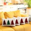 Set of Four 12" X 20" White Red and Green Christmas Trees Plaid Fabric Lumbar Throw Pillows