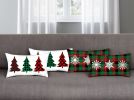 Set of Four White Red and Green Christmas Trees Plaid Fabric Lumbar Throw Pillows