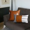 Set of Two Beige Brown and Black Geometric Fabric and Faux Leather Throw Pillows