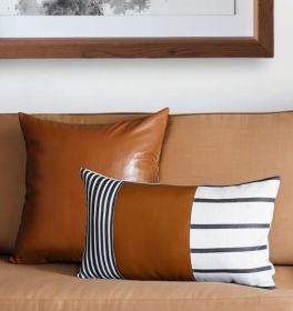 Set of Two Beige Brown and Black Geometric Fabric and Faux Leather Throw Pillows