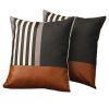Set of Two 18" Brown Black and Ivory Striped Fabric and Faux Leather Throw Pillows