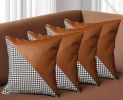 Set of Four 18" Brown Black and White Houndstooth Fabric and Faux Leather Throw Pillows