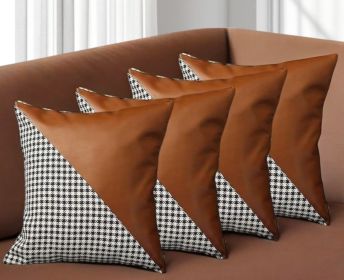 Set of Four 18" Brown Black and White Houndstooth Fabric and Faux Leather Throw Pillows
