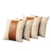 Set of Four 18" Ivory and Brown Color Block Fabric and Faux Leather Throw Pillows