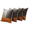 Set of Four 18" Brown Black and Ivory Striped Fabric and Faux Leather Throw Pillows