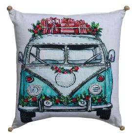 18" X 18" Red And Green Zippered Handmade Cotton Blend Christmas Holiday Van Throw Pillow With Embroidery