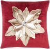 16" Red And Gold Christmas Poinsettia Velvet Throw Pillow
