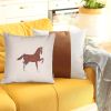 Set of Two Beige and Brown Horse Color Block Fabric and Faux Leather Throw Pillows with Embroidery