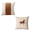 Set of Two Beige and Brown Horse Color Block Fabric and Faux Leather Throw Pillows with Embroidery