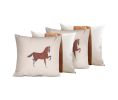 Set of Four Beige and Brown Horse Color Block Fabric and Faux Leather Throw Pillows with Embroidery