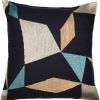 20" Blue and Beige Geometric Cotton Blend Throw Pillow With Embroidery