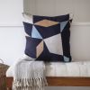 20" Blue and Beige Geometric Cotton Blend Throw Pillow With Embroidery