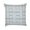 20" Light Blue Check Cotton Blend Throw Pillow With Embroidery