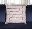 20" White Check Cotton Blend Throw Pillow With Embroidery