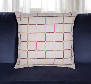 20" White Check Cotton Blend Throw Pillow With Embroidery