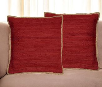Set of Two 20" Red Cotton And Jute Throw Pillows with Texture