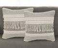 Set of Two Beige Striped Cotton Throw Pillow With Fringe