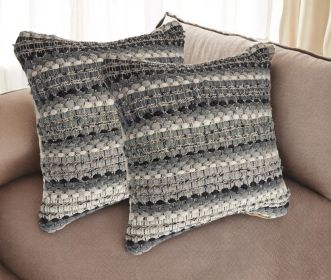 Set of Two 18" Black Gray and Ivory Striped Cotton Blend Throw Pillows with Texture