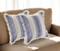 Set of Two 18" Blue and Cream Cotton Throw Pillows with Fringe
