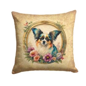 Papillon and Flowers Throw Pillow Machine Washable, Indoor Outdoor Decorative Pillow for Couch, Bed or Patio, 14Hx14W