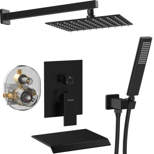 Male NPT Shower Faucet Set, Waterfall Shower System For Bathroom, High Pressure 10Rain Shower Head And Handheld Shower Spray Wall Mount Tub Fauce