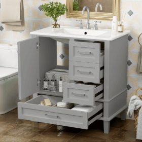 30 Bathroom Vanity , Modern Bathroom Cabinet With Sink Combo Set, Bathroom Storage Cabinet With A Soft Closing Door And 3 Drawers, Solid Wood Frame (Color: Grey)