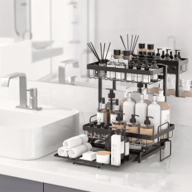 Organizer 2 Tier Slide Out Under Sink Shelf Cabinet Storage Shelf Under Sink Storage For Kitchen Bathroom Metal L-Shape (Option: 1PCS)