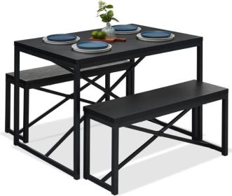 Modern 3-Piece Dining Set - Metal Frame Black Wood Top Table and 2 Bench Chairs (Color: Black)