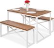 Modern 3-Piece Dining Set - Metal Frame Black Wood Top Table and 2 Bench Chairs