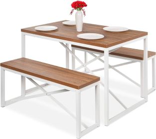 Modern 3-Piece Dining Set - Metal Frame Black Wood Top Table and 2 Bench Chairs (Color: White)