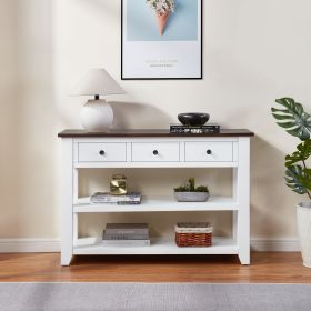 Retro Design Console Table with Two Open Shelves, Pine Solid Wood Frame and Legs for Living Room (Main Material: Wood, Main Color: Brown+White)