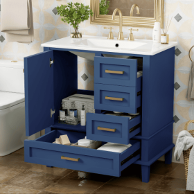 30 Bathroom Vanity , Modern Bathroom Cabinet With Sink Combo Set, Bathroom Storage Cabinet With A Soft Closing Door And 3 Drawers, Solid Wood Frame (Color: Blue)