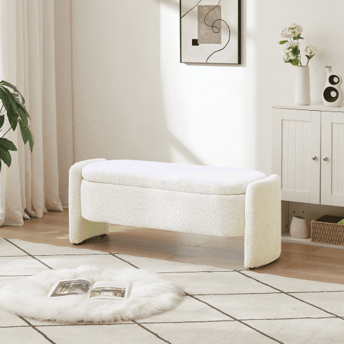 Ottoman Oval Storage Bench 3D Lamb Fleece Fabric Bench With Large Storage Space For The Living Room, Entryway And Bedroom